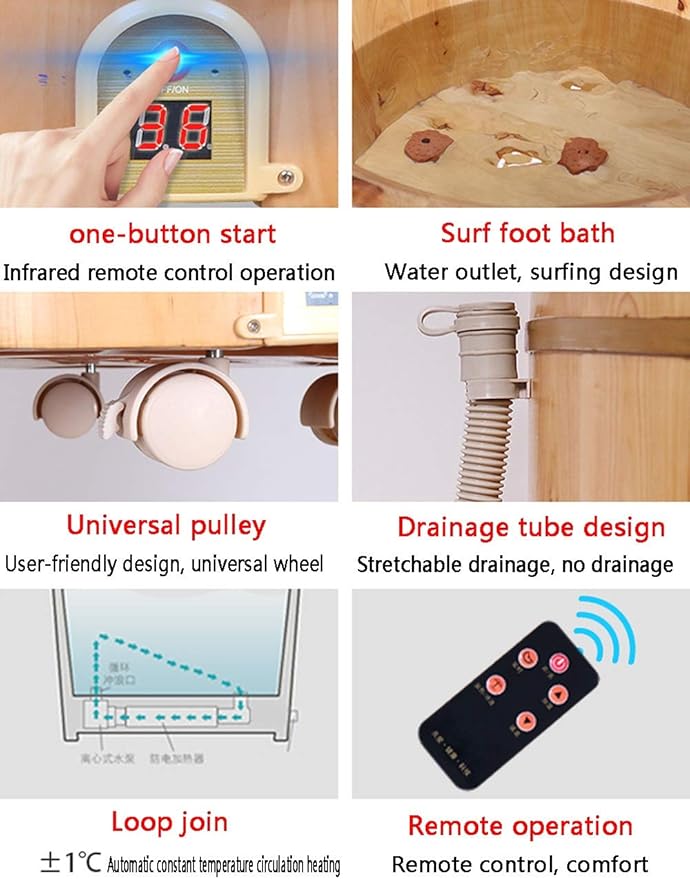 Foot Tub Foot Tub Deep Barrel Thermostat Electric Heating Foam Foot Household Solid Wood Large Remote Control Operation Thickening Health Wooden Barrel(Color:C)