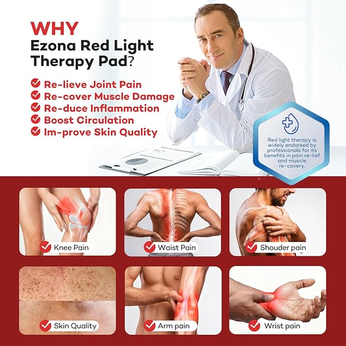 Ezona Red Light Therapy Pad for Body Pain 24 x 12 inch Large Infrared Light Therapy with 660/ 850nm for Back Relief High-Output 242 LEDs Light with Remote Control for Shoulder Waist Knee Muscle