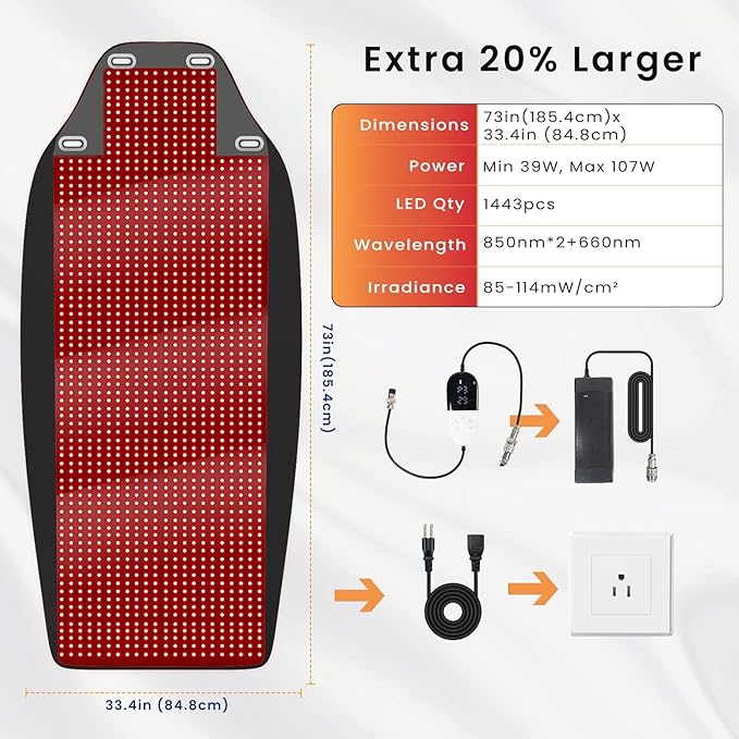 74 * 33.5in (Extra 20% Larger) Red Light Therapy Mat for Full Body - Oiameen Red Light Therapy Pad Blanket with 1443pcs LED Beads (660nm &amp 850nm) for Pain Relief Improve Sleep for Home Travel