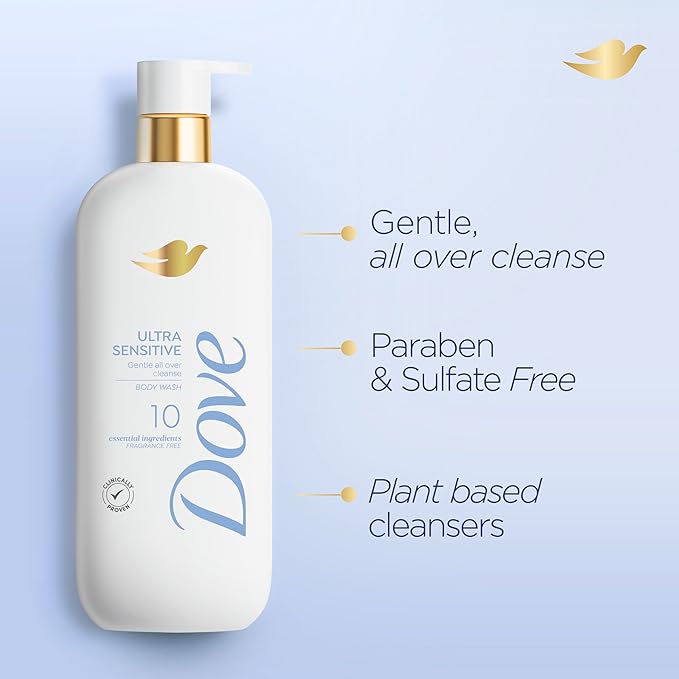 Dove Fragrance Free Body Wash Ultra Sensitive 10 Ingredients 18.5 oz Beauty Bar Fragrance Free Hypoallergenic Sensitive Skin 3.75 oz (Pack of 8)