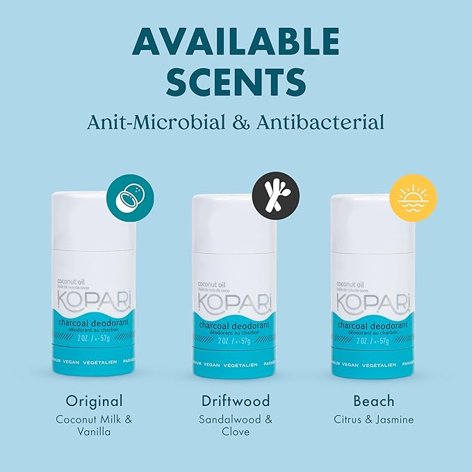 Kopari Aluminum Free Coconut Deodorant Non Toxic &amp Clean Plant-Based No Aluminum Parabens or Baking Soda Long Lasting Protection Charcoal 2 Pack