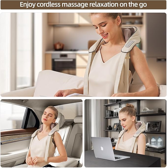 Neck Massager with Heat Cordless Neck and Shoulder Massage Rechargeable Shiatsu 6D Kneading Massager for Pain Relief Deep Tissue Gift for Mom&ampDad (Light Beige)