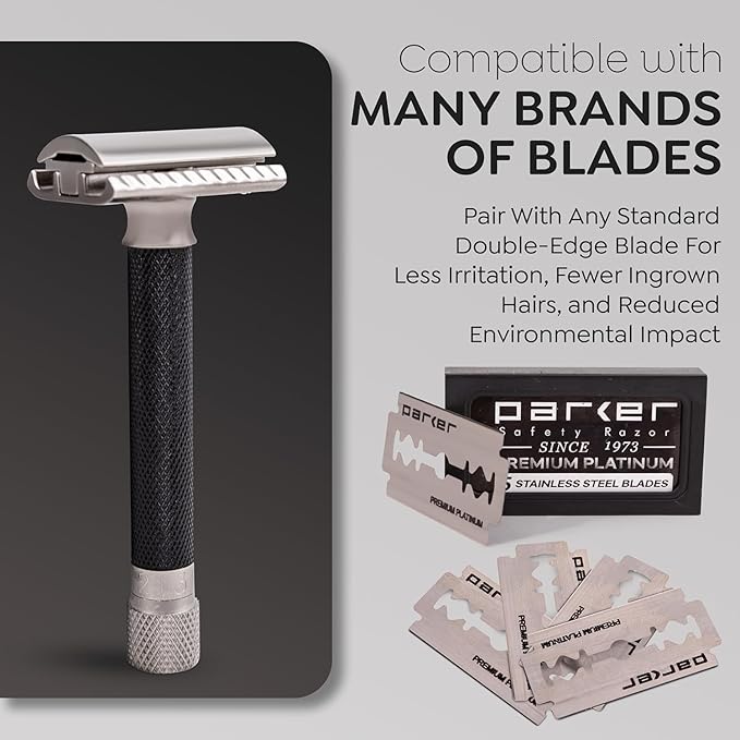 Parker THE VARIANT CLOSED COMB - ADJUSTABLE Double Edge Safety Razor Customize your Shave with a Turn of the Dial from Mild to Aggressive - 5 Blades Included (GRAPHITE GRAY)