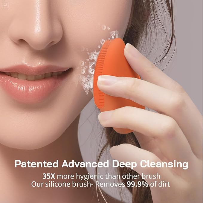 Silicone Face Brush - Electric Face Cleansing Brush and Exfoliator 3-Speed Sonic Vibration IPX7 Waterproof USB Fast Charge Portable with Hook and Cover Perfect Gift for Women/Men (Orange)