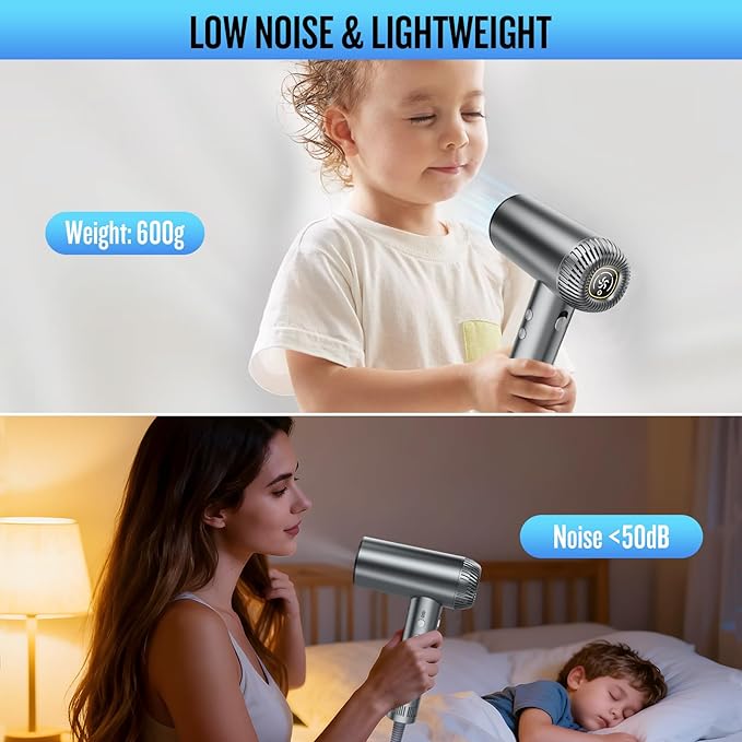 2026 Hair Dryer 200000 RPM Professional High Speed Blow Dryer with Diffuser for Women 1200M Negative Ionic Hair Dryer with Brushless Motor Low Noise Hair Blow Dryer for Home Travel SalonGray