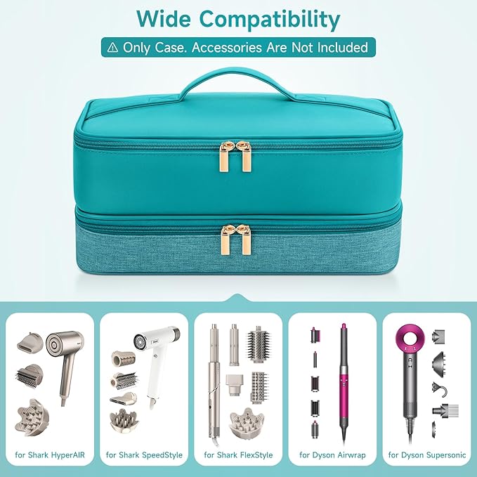 Travel Hair Dryer Case for Shark Flexstyle Double-Layer Carrying Case for Shark Flex Style Blow Dryer Portable Hair Tools Storage Organizer Bag for Shark Beauty Hairdryer Attchments (Teal Green)
