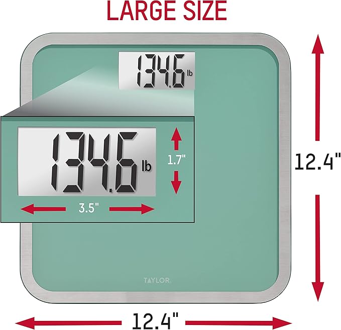 Taylor Digital Glass Bathroom Scale for Body Weight Large Durable Platform Extra High 500 lb Capacity Large 3.5x1.7 White Backlit Display Sea Foam Green