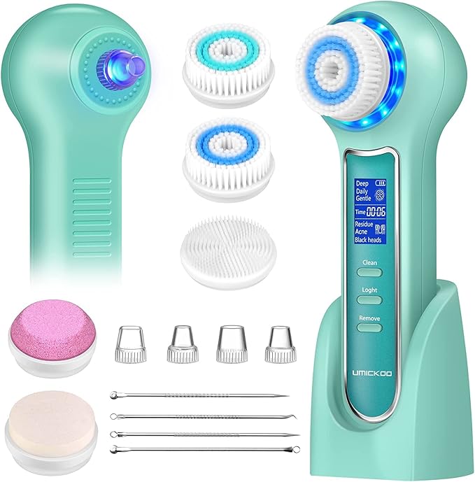 Face Scrubber ExfoliatorFacial Cleansing Brush Waterproof with LCD ScreenBlackhead Remover Vacuum with 5 Brush HeadsFace Spin Brush for Exfoliating Massaging and Deep Pore Cleansing