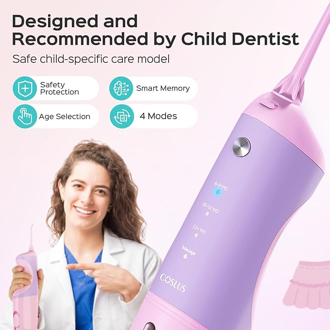 COSLUS Kids Water Dental Flosser &amp Cordless Mini Water Teeth Flossers Deep Cleaning Picks 4 Modes for Ages 6+ Safe Waterproof Flosser