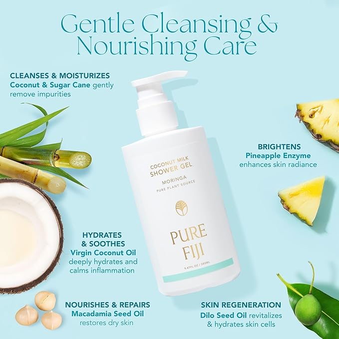 PURE FIJI Coconut Milk Shower Gel 9.47 oz / 280 ml | Hydrating Moisturizing Gentle Natural Body Wash Tropical Scent Coconut Oil Daily Skin Care (White Gingerlily)