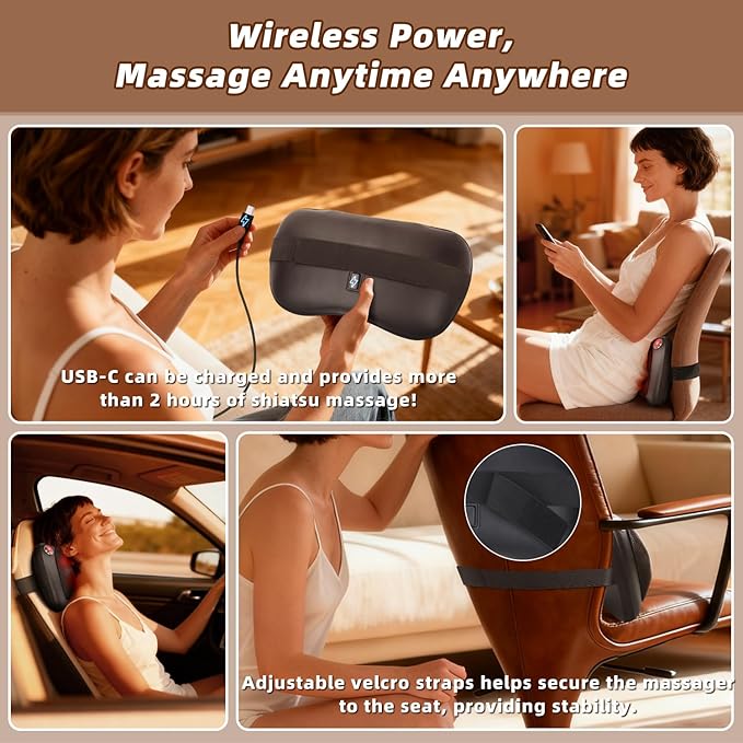 Zenopax Shiatsu Neck and Back Massager with Heat 3D Deep Tissue Kneading Cordless Rechargeable Electric Massage Pillow for Muscle Pain Relief Use at Home Car Office Gifts for Men Women