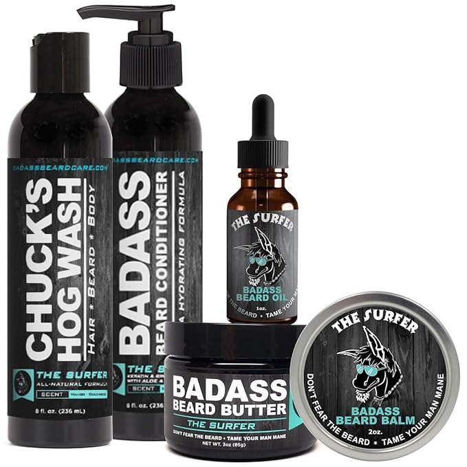 Badass Beard Care Complete Beard Care Kit - 5 Full Size Essentials - Includes Beard Oil Beard Balm Beard Butter Wash and Conditioner - Promotes Fuller &amp Thicker Beard Growth (The Surfer)