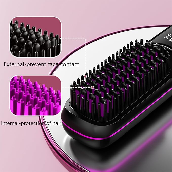 Go Brush Pro Hair Straightener – Cordless Comb with Base Negative Ion 6000mAh Fast Heating &amp Portable Travel Design Rechargeable Brush for Straightening and Curling (Black-1Pcs)