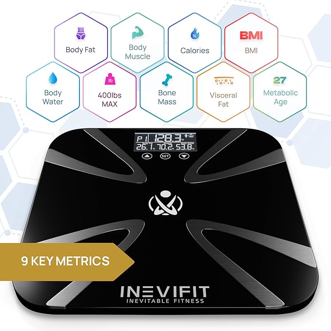 INEVIFIT Body Fat Scale Highly Accurate Digital Bathroom Body Composition Analyzer Measures Weight Body Fat Water Muscle BMI Visceral Levels &amp Bone Mass for 10 Users. Includes Batteries.