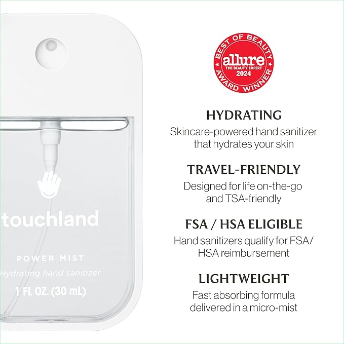 Touchland Hydrating Hand Sanitizer Spray – Dye Free Trio Set (Rainwater Unscented Beach Coco) – 3 x 1 FL OZ Mini Travel Size Mists