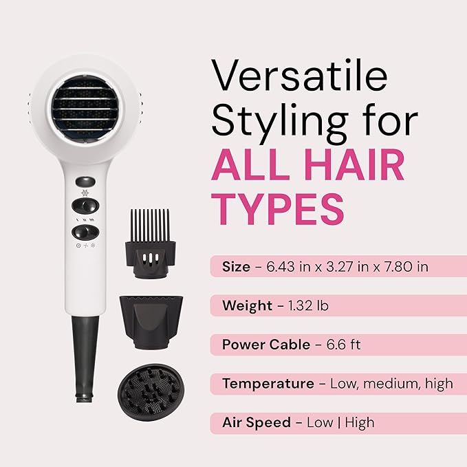 L'ANGE HAIR PowerStyle Turbo Ionic Hair Dryer | 1875 Watt Professional Blow Dryer with Diffuser &amp Concentrator | Multiple Heat &amp Speed Settings for Fast Drying | Salon-Grade Styling Tools Whi