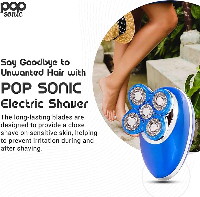 Pop Sonic 5-Head Electric Shaver Kit - Unisex (Blue) Shaver for Face Head &amp Body - Smooth Waterproof USB Rechargeable Trimmer with 360-Degree Precision Cut Heads for Men &amp Women