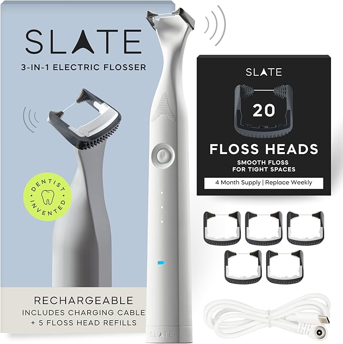Slate Electric Flosser – Starter Set + 20pk Black Refills | 3-in-1 Dentist-Invented with Reusable Floss Heads Gum Brushes &amp Tongue Scraper | 20-Pk Non-Toxic Floss Heads (4-Month Supply)
