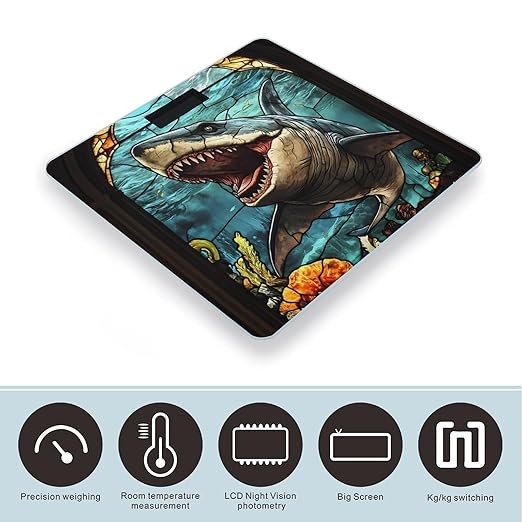 Glass Window Shark Megalodon Ocean Digital Bathroom Scale for Body Weight Lighted LCD Display Round Corner