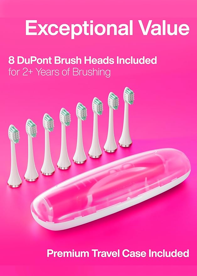 Aquasonic Vibe Series Ultra-Whitening Toothbrush – ADA Accepted Electric Toothbrush - 8 Brush Heads &amp Travel Case – 40000 VPM Motor &amp Wireless Charging - 4 Modes w Smart Timer – Electric Pink