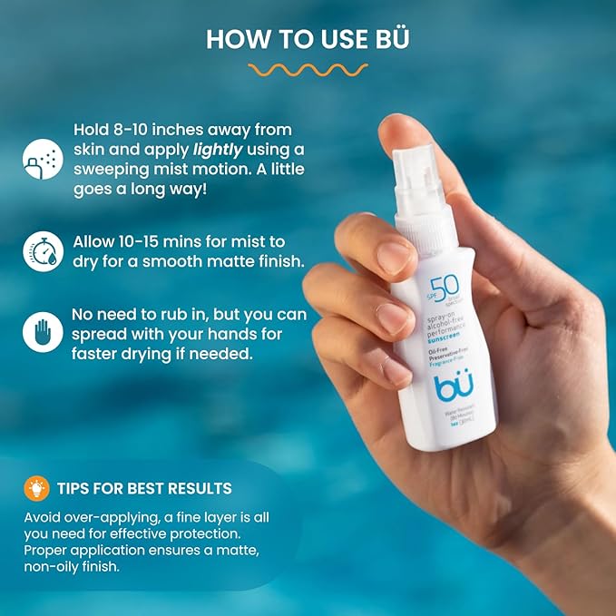 BU SPF 50 Sunscreen Spray for Face and Body 2-Pack with 3.3 oz Fragrance Free and 1 oz White Sage Clear Non Greasy Water Resistant