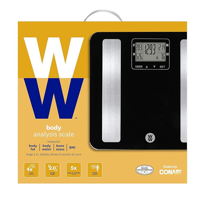Weight Watchers Scales by Conair BathroomScale for Body WeightGlass Digital Scale with Body Analysis Measures Body Fat Body WaterBMI &amp Bone Mass for 4 Users Measures Weight up to 400 Lbs.in B