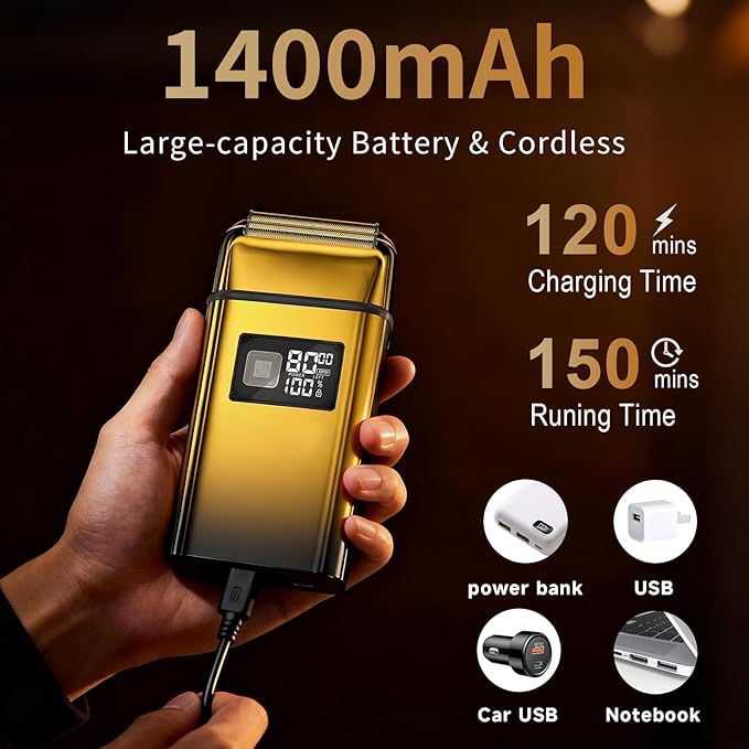 Electric Foil Shaver for MenElectric Razor with Pop-up TrimmerCordless Beard TrimmerWaterproofWet &amp Dry ShavingLED Display2-Speed Mode (Gold)