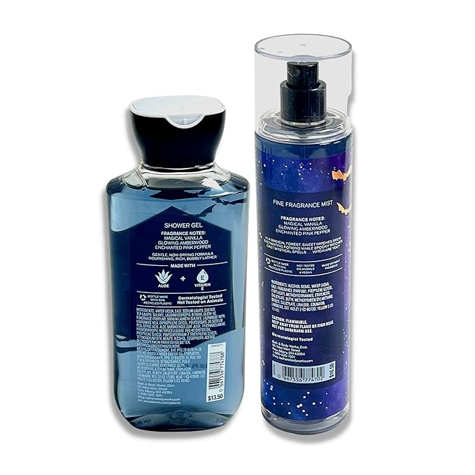Bath &amp Body Works Wicked Vanilla Woods - 2 pc bundle - Fine Fragrance Mist 8oz - Shower Gel Aloe and Vitamin E 10oz - 2022 Halloween Edition