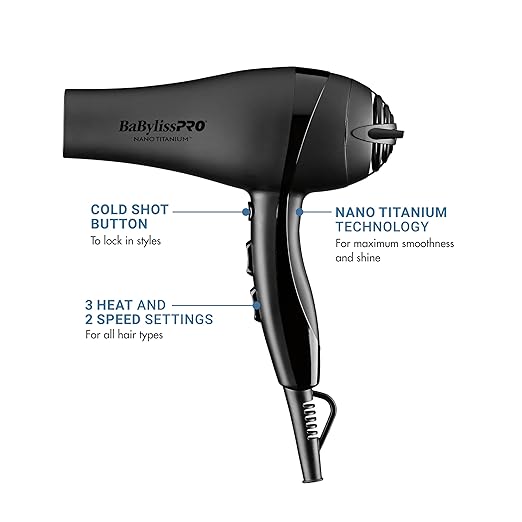 Nano Titanium 2000-Watt Blow Dryer with Concentrator Nozzle Professional Grade Ionic Corded Styling Tool for Hair