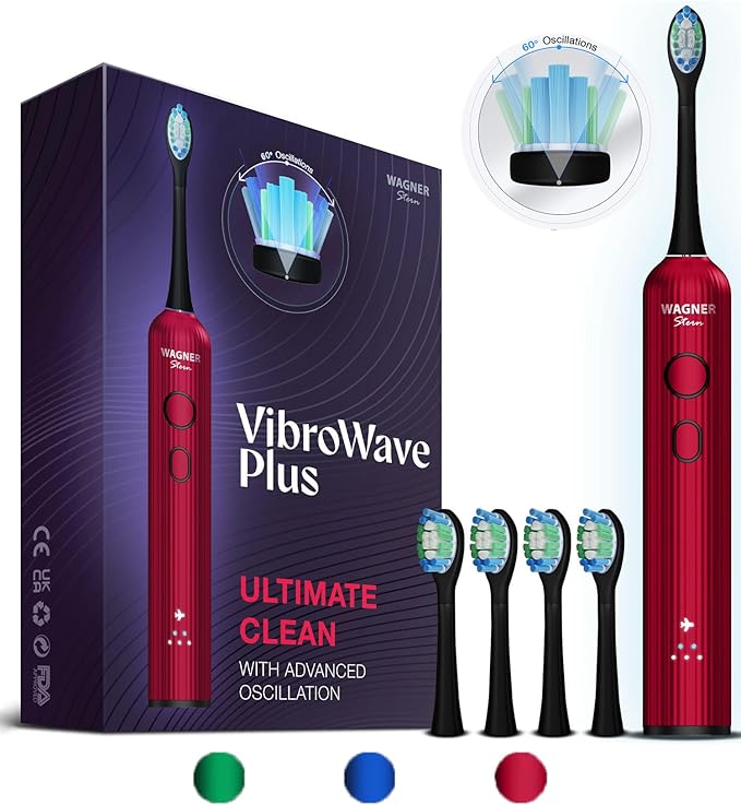 Wagner Stern VibroWave Plus Oscillation &amp Vibration Sonic Electric Toothbrush with 4 Brush Heads. IPX7 Waterproof.