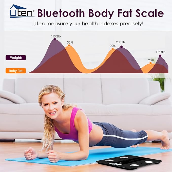 Uten Smart Scale for Body Weight Digital Bathroom Weighing Wireless Scales with Body Fat and Water Weight for People Bluetooth BMI Electronic Body Analyzer Machine with Smartphone App 400lb Black