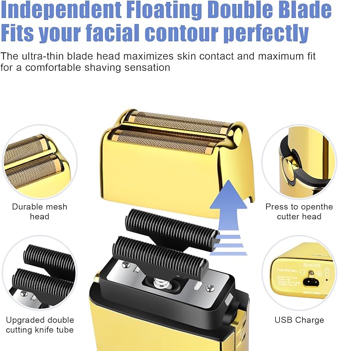 HIENA PRO Foil Shaver for Men Barber Double Electric Foil Trimmer Professional Electric Razor Close Shaver Cordless Rechargeable with USB Gold