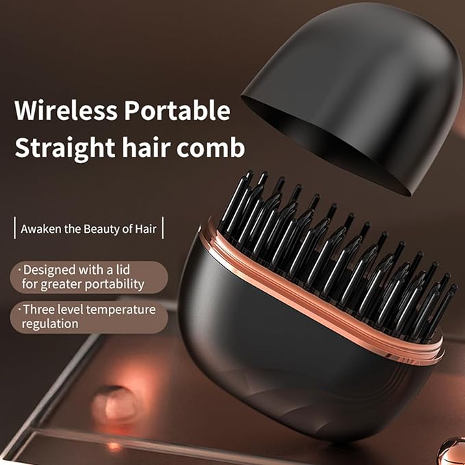 Mini Hair Straightener Brush Wireless Rechargeable Straightening Comb 3-Speed Temperature Control 30s Heating Portable Electric Hair Straightener Brush for Home and Travel (Black)