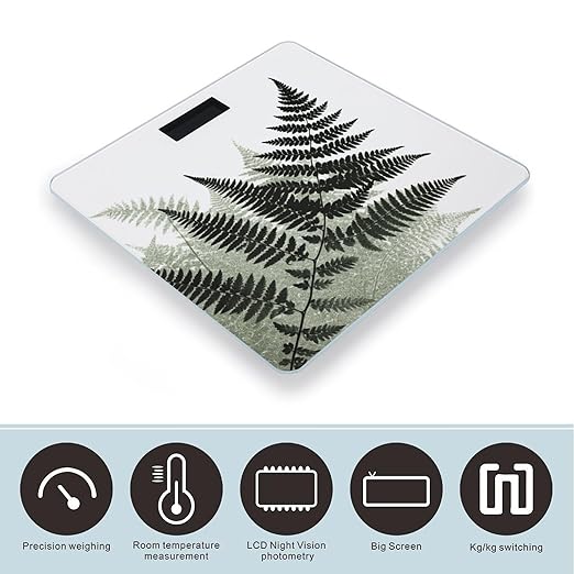 Natural Plant Silhouette Fern Leaf Scale for Body Weight High Precision Digital Weight Scales with LCD Display Anti-Slip Sturdy Slim Tempered Glass Bathroom Scale for Home Use