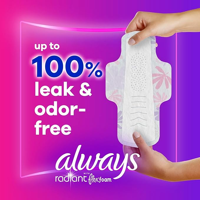 Always Radiant Feminine Pads for Women Flexfoam Pads with Wings Size 2 Heavy Absorbency Lightly Scented 78 Count (3 Packs of 26)