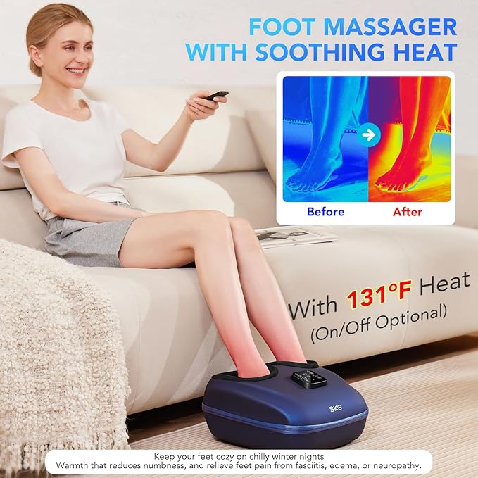 SKG Foot Massager with Heat and Remote Upgrade Electric Feet Massager for Plantar Fasciitis Pain Relief 3 Levels Compression Massage for Neuropathy Plantar Fasciitis Up to Size 13 Home Office Use