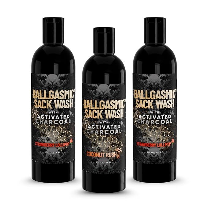 Derm Dude BallGasmic Ball Wash Variety Bundle for Men – Strawberry Fresh (2 Pack) + Coconut Rush (1 Pack) | Anti-Chafing Charcoal Body Wash for Groin Care Odor Control &amp Daily Hygiene – 3 x 8oz