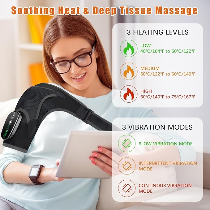 Shoulder Heating Pad Massager Cordless Heated Shoulder Wrap with Massage Heated Shoulder Brace for Pain Relief 3 Heat Vibration Levels Shoulders Support for Men Women
