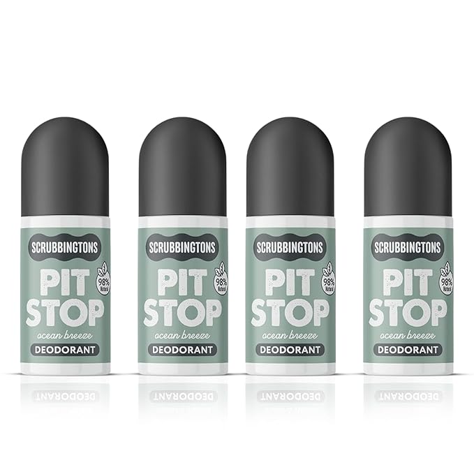 Scrubbingtons Pit Stop 98% Natural Deodorant For Women Men Roll On For Sensitive Skin Made in UK. Paediatrician approved Aluminium &amp Alcohol Free Vegan &amp Cruelty Free Ocean Breeze 75ml x