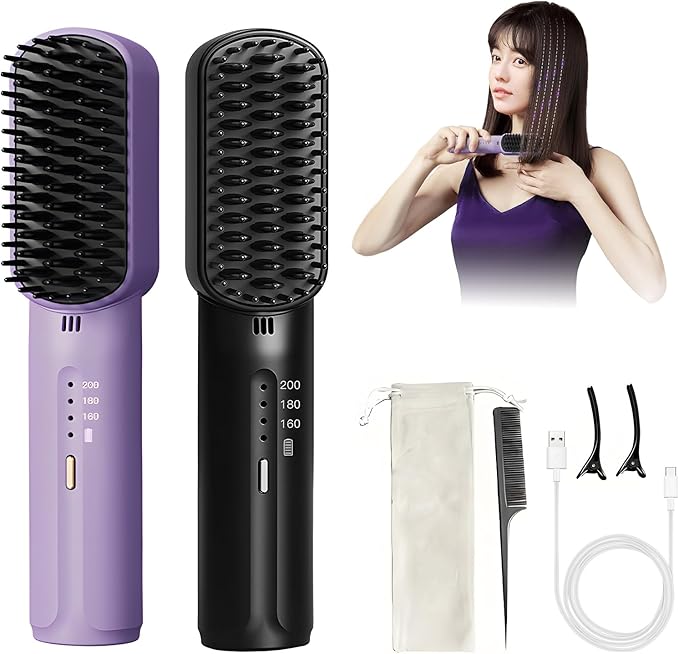 Portable Cordless Mini Hair Straightening Comb 2024 Hair Straightener Brush Frizz-Free Styling with Negative Ions USB Rechargeable Travel Hair Hot Comb for All Hair Types (2PCS-2600mAh Battery)