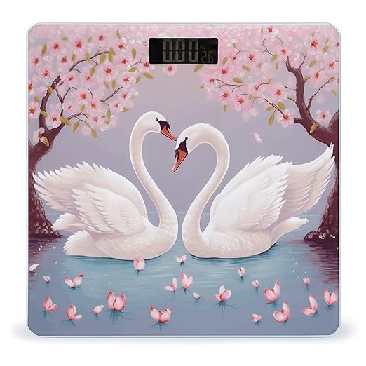 White Swans with Pink Floral Tree Scale for Body Weight Anti-Slip Sturdy Tempered Glass Weighing Machine Highly Digital Accurate Bright LCD Bathroom Scale for Household Gift