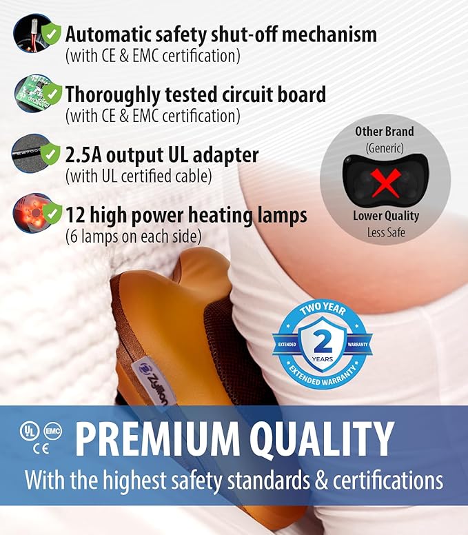 Zyllion Shiatsu Back and Neck Massager with Heat - 3D Electric Kneading Deep Tissue Massage Pillow for Muscle Pain Relief Brown ZMA-13