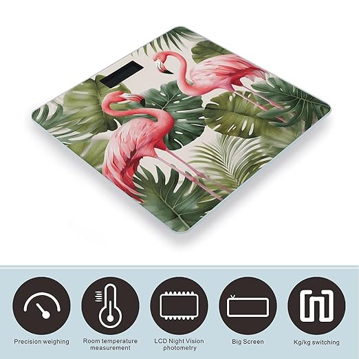 Flamingo Palm Trees Leaf Scale for Body Weight High Precision Digital Weight Scales with LCD Display Anti-Slip Sturdy Slim Tempered Glass Bathroom Scale for Home Use
