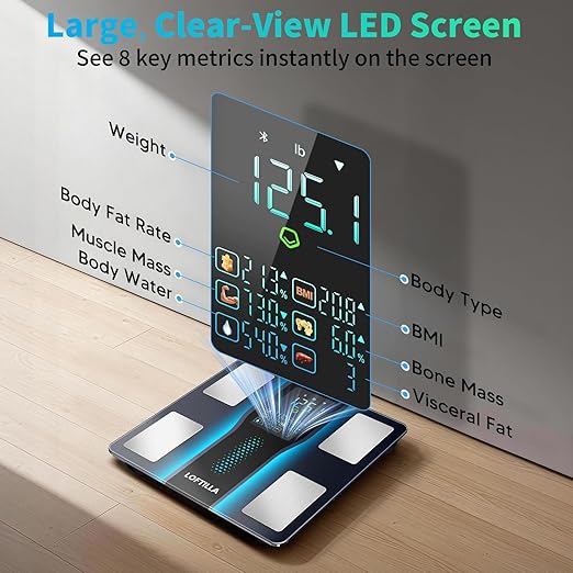 LOFTILLA Smart Scale for Body Weight Accurate Scale with BMI Body Fat Muscle Mass 8-in-1 Large Display Digital Bathroom Scales for 14 Body Composition Metrics Sync with Fitness App