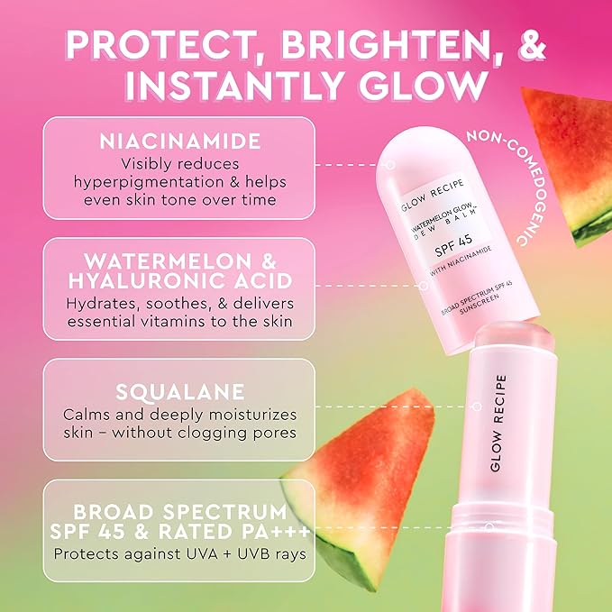 Glow Recipe Watermelon Daytime Trio - Watermelon Glow SPF Dew Balm Sunscreen (0.58 oz) + Niacinamide Dew Drops Serum with Hyaluronic Acid (40ml) + Hue Drops Tinted Serum Bronzer &amp Highlighter (40