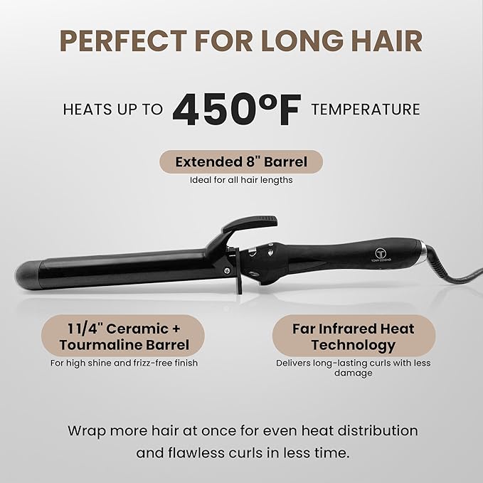 Infrared Curling Iron 1.5” Ceramic Tourmaline Long Barrel – Digital Professional Hair Curler with Ion Technology for Big Curls Beach Waves Thick Hair – Fast Heat Clamp Dual Voltage