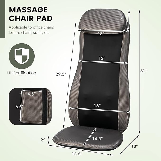 Giantex Massage Seat Cushion with Heat &amp Vibration Removable Neck Pillow &amp Back Flap Adjustable Width 3-Level Timer Spot Massage Rolling Shiatsu Massager for Full Back