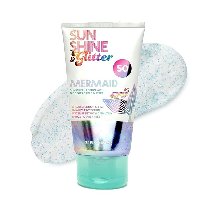 NEW! SUNSHINE &amp Glitter- Seastar Sparkle - Mermaid Watermelon Lemonade Scented Sunscreen lotion - SPF 50 - Biodegradable Glitter Sunscreen Water Resistant Cruelty Free Kid Safe Made in USA 3.