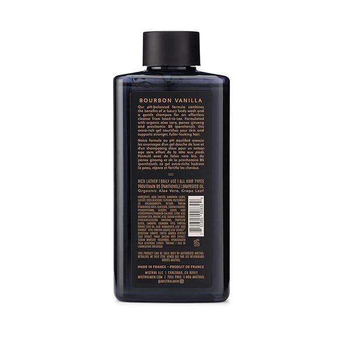 Mistral Men's Body Wash &amp Shampoo Bourbon Vanilla 13.5 oz | 2-in-1 Natural Shower Gel for Men | SLS Paraben &amp Phthalate Free | Natural Men’s Body Wash Moisturizing Bath Gel - Made in France