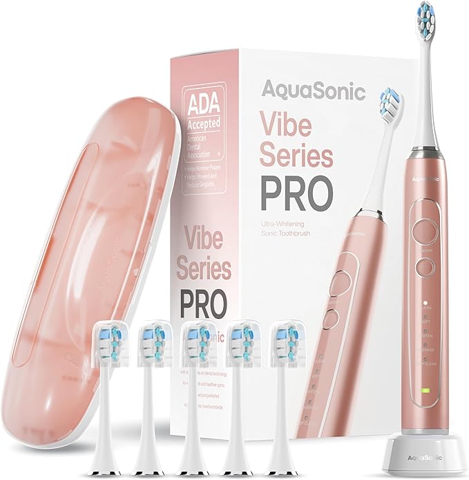 Aquasonic Vibe Series PRO – Ultra-Whitening Electric Toothbrush – 5 Modes &amp Smart Timers – Premium Travel Case &amp 6 Proflex Brush Heads – ADA Accepted Toothbrush (Rose Gold)